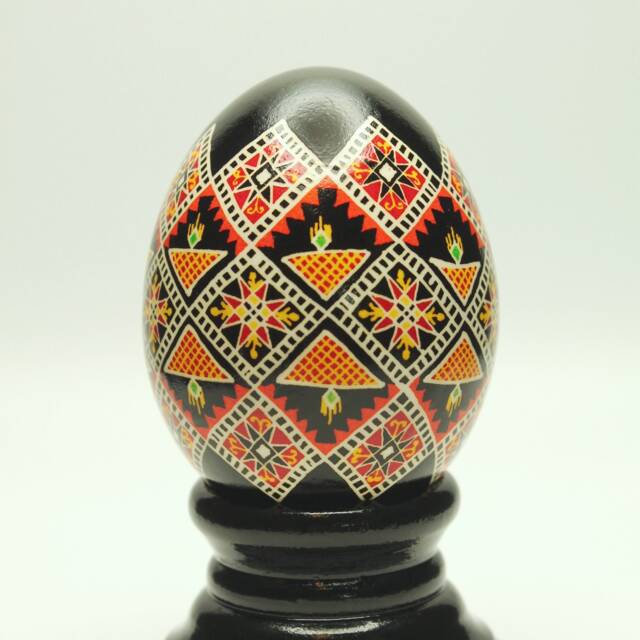 Hand Painted Ukrainian Pysanka Egg - Geometric Black Orange Folk Art Chicken Eggshell - image 1