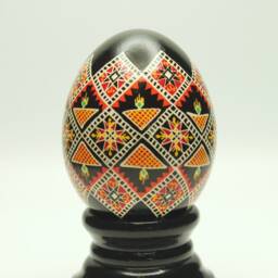 Hand Painted Ukrainian Pysanka Egg - Geometric Black Orange Folk Art Chicken Eggshell - thumbnail 1