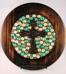 Decorative Plate With Teal Gem Mix & Bronze Cross, 8.5