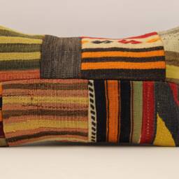 Vintage Turkish Kilim Lumbar Pillow Cover, Boho Patchwork Cushion - 12x20 In - thumbnail 2