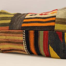 Vintage Turkish Kilim Lumbar Pillow Cover, Boho Patchwork Cushion - 12x20 In - thumbnail 3