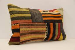 Vintage Turkish Kilim Lumbar Pillow Cover, Boho Patchwork Cushion - 12x20 In - thumbnail 1