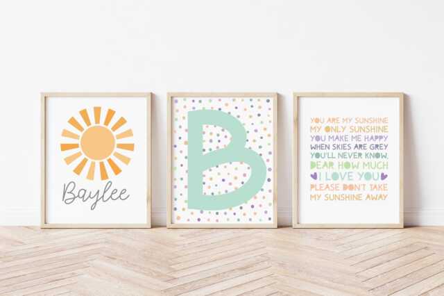 Set Of 3 Girls Nursery Prints, Bedroom Decor, Personalised, You Are My Sunshine Prints, Colourful, Playroom, Wall Art