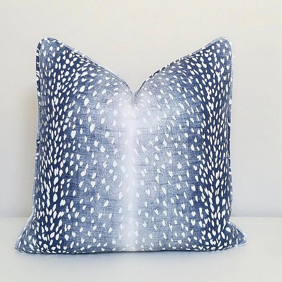 Navy Antelope Vern Yip Fabric Deer Printed Linen Decorative Pillow Cover - Fabric Both Sides With Self Welt Edge