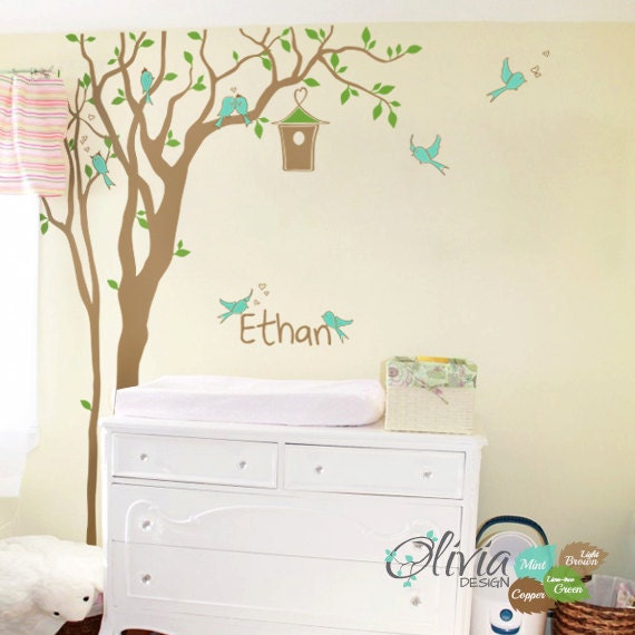 Personalized Nursery Tree Decal - Baby Custom Name Wall Decor Vinyl With Love Birds & Bird House - image 1