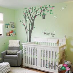 Personalized Nursery Tree Decal - Baby Custom Name Wall Decor Vinyl With Love Birds & Bird House - thumbnail 3