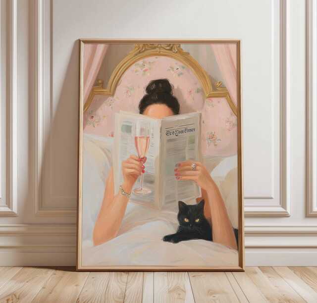 Modern Chic Room Decor Poster, Luxury Aesthetic Fashion Print, Black Cat Wall Art, Elegant Woman Reading in Bed, Home - image 1