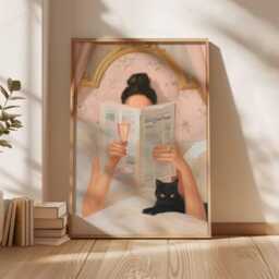 Modern Chic Room Decor Poster, Luxury Aesthetic Fashion Print, Black Cat Wall Art, Elegant Woman Reading in Bed, Home - thumbnail 3