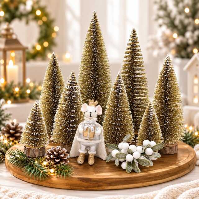 Snowy Mini Gold Christmas Tree Sisal Bottle Brush Tree, Dollhouse Village Decor - image 1