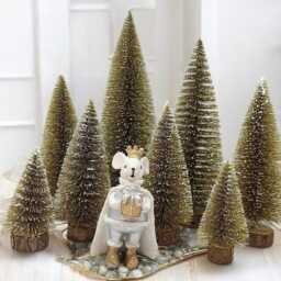 Snowy Mini Gold Christmas Tree Sisal Bottle Brush Tree, Dollhouse Village Decor - thumbnail 2