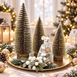 Snowy Mini Gold Christmas Tree Sisal Bottle Brush Tree, Dollhouse Village Decor - thumbnail 4