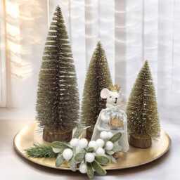 Snowy Mini Gold Christmas Tree Sisal Bottle Brush Tree, Dollhouse Village Decor - thumbnail 4