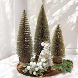 Snowy Mini Gold Christmas Tree Sisal Bottle Brush Tree, Dollhouse Village Decor - thumbnail 3