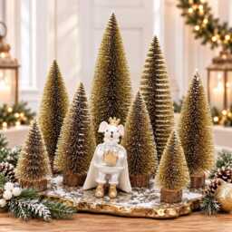 Snowy Mini Gold Christmas Tree Sisal Bottle Brush Tree, Dollhouse Village Decor - thumbnail 3