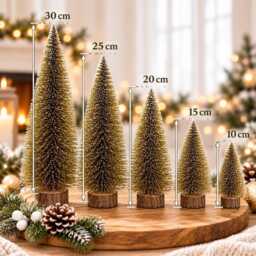 Snowy Mini Gold Christmas Tree Sisal Bottle Brush Tree, Dollhouse Village Decor - thumbnail 2