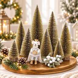 Snowy Mini Gold Christmas Tree Sisal Bottle Brush Tree, Dollhouse Village Decor - thumbnail 1