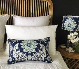 Aqua Floral Cushion Cover, Royal Blue Geometric Pillow, Coastal Decor - thumbnail 1