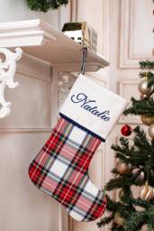 Personalized Plaid Christmas Stockings With Pompom Trimmed Cuff, Family Stockings, Tartan