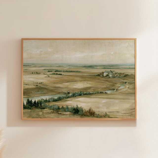 Farmhouse Landscape Poster, Neutral Countryside Wall Art, Rural Print - image 1