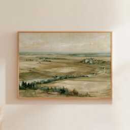 Farmhouse Landscape Poster, Neutral Countryside Wall Art, Rural Print - thumbnail 1