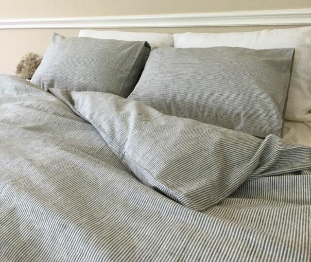 Subtle Black White Striped Duvet Cover in Natural Linen, Ticking Stripe Cover, Pinstriped Bedding - image 1