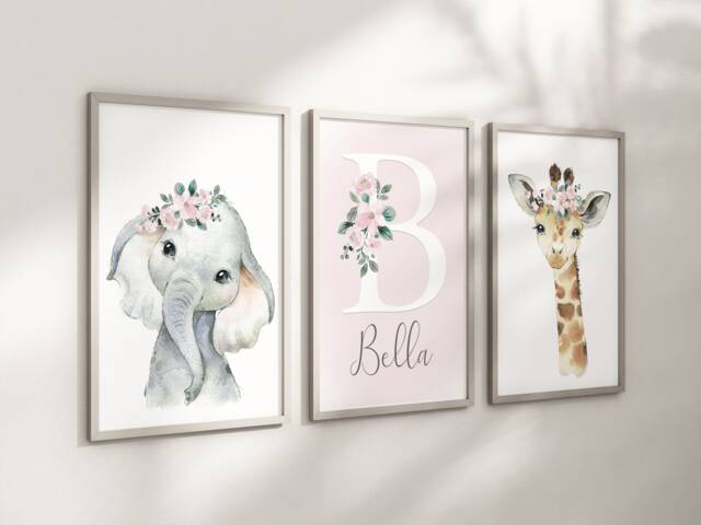 Safari Jungle Animal Elephant Giraffe Baby Girls A4 Or A3 Nursery Set Of Unframed Prints Pink Flowers - image 1