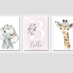 Safari Jungle Animal Elephant Giraffe Baby Girls A4 Or A3 Nursery Set Of Unframed Prints Pink Flowers - thumbnail 2