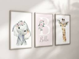 Safari Jungle Animal Elephant Giraffe Baby Girls A4 Or A3 Nursery Set Of Unframed Prints Pink Flowers - thumbnail 1