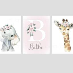 Safari Jungle Animal Elephant Giraffe Baby Girls A4 Or A3 Nursery Set Of Unframed Prints Pink Flowers - thumbnail 3