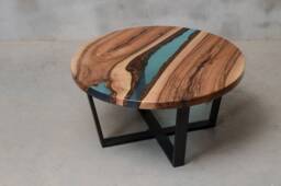 Round Resin Coffee Table, Blue Epoxy End Table Made European Walnut, Live Edge River Resin