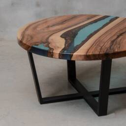 Round Resin Coffee Table, Blue Epoxy End Table Made European Walnut, Live Edge River Resin - thumbnail 2