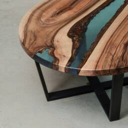 Round Resin Coffee Table, Blue Epoxy End Table Made European Walnut, Live Edge River Resin - thumbnail 3