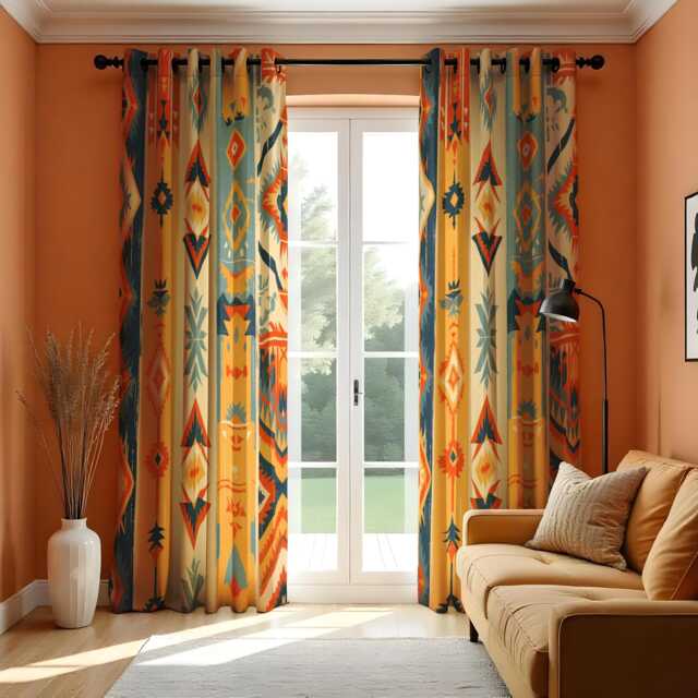 Southwestern Aztec Curtains, Boho Tribal Window Panels, Colorful Rustic Drapes, Native Custom Made Western Style Living Room Curtain Decor - image 1