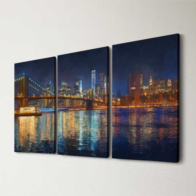 Manhattan Skyline Night 3 Panel Split Canvas Wall Art Brooklyn Bridge City Lights New York Oil Painting Framed Home Decor Gift - image 1