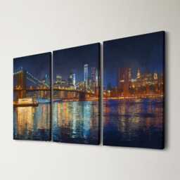 Manhattan Skyline Night 3 Panel Split Canvas Wall Art Brooklyn Bridge City Lights New York Oil Painting Framed Home Decor Gift - thumbnail 1