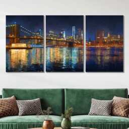 Manhattan Skyline Night 3 Panel Split Canvas Wall Art Brooklyn Bridge City Lights New York Oil Painting Framed Home Decor Gift - thumbnail 2