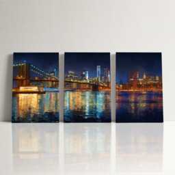 Manhattan Skyline Night 3 Panel Split Canvas Wall Art Brooklyn Bridge City Lights New York Oil Painting Framed Home Decor Gift - thumbnail 3