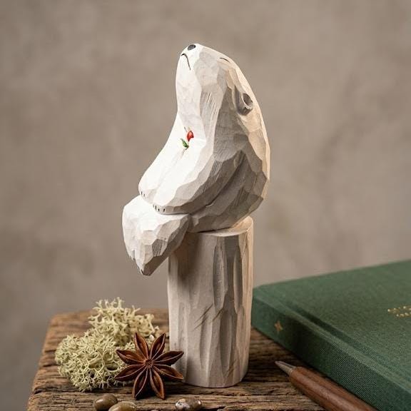 Whimsical Wooden Polar Bear Figurine Hand Carved Animal Statue With Red Flower Romantic Anniversary Gift For Nature Lovers - image 1