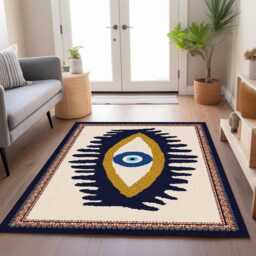 Modern Evil Eye Chenille Rug Blue & Gold Design, Washable Carpet - thumbnail 2