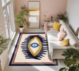 Modern Evil Eye Chenille Rug Blue & Gold Design, Washable Carpet
