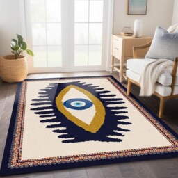 Modern Evil Eye Chenille Rug Blue & Gold Design, Washable Carpet - thumbnail 3