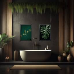 Luxury Dark Green Relaxing Botanical Print Set For Bathroom Decor, Emerald Monstera Leaf Wall Art - thumbnail 2