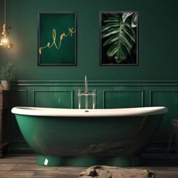 Luxury Dark Green Relaxing Botanical Print Set For Bathroom Decor, Emerald Monstera Leaf Wall Art - thumbnail 1
