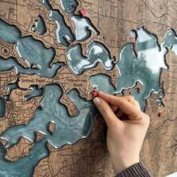 Personalized Lake Map Coastal Wall Art Emerald Green Resin, Push Pins & Fish Signs - thumbnail 2