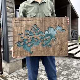 Personalized Lake Map Coastal Wall Art Emerald Green Resin, Push Pins & Fish Signs - thumbnail 3
