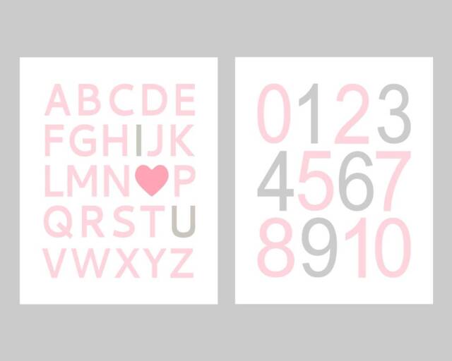 Pink Gray Abc Numbers Nursery Art Print, Set Of 2 - Prints Or Canvas - image 1