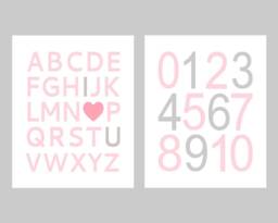 Pink Gray Abc Numbers Nursery Art Print, Set Of 2 - Prints Or Canvas - thumbnail 1