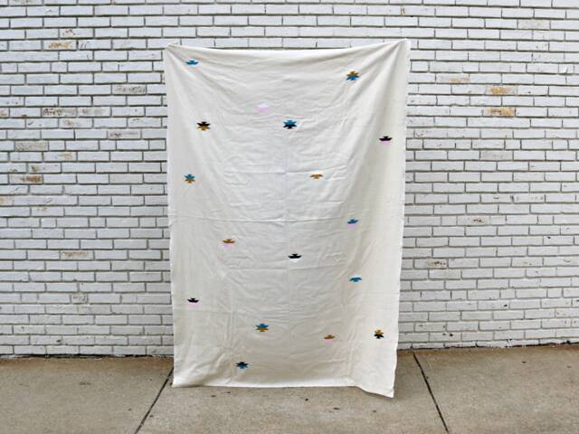 Cream Linen Throw With Block Printed Aztec Inspired Shapes // Table Cloth Bedding Accent Wall Hanging Decorative Beach Blanket Coverup - image 1