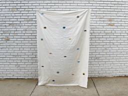 Cream Linen Throw With Block Printed Aztec Inspired Shapes // Table Cloth Bedding Accent Wall Hanging Decorative Beach Blanket Coverup