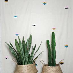Cream Linen Throw With Block Printed Aztec Inspired Shapes // Table Cloth Bedding Accent Wall Hanging Decorative Beach Blanket Coverup - thumbnail 2